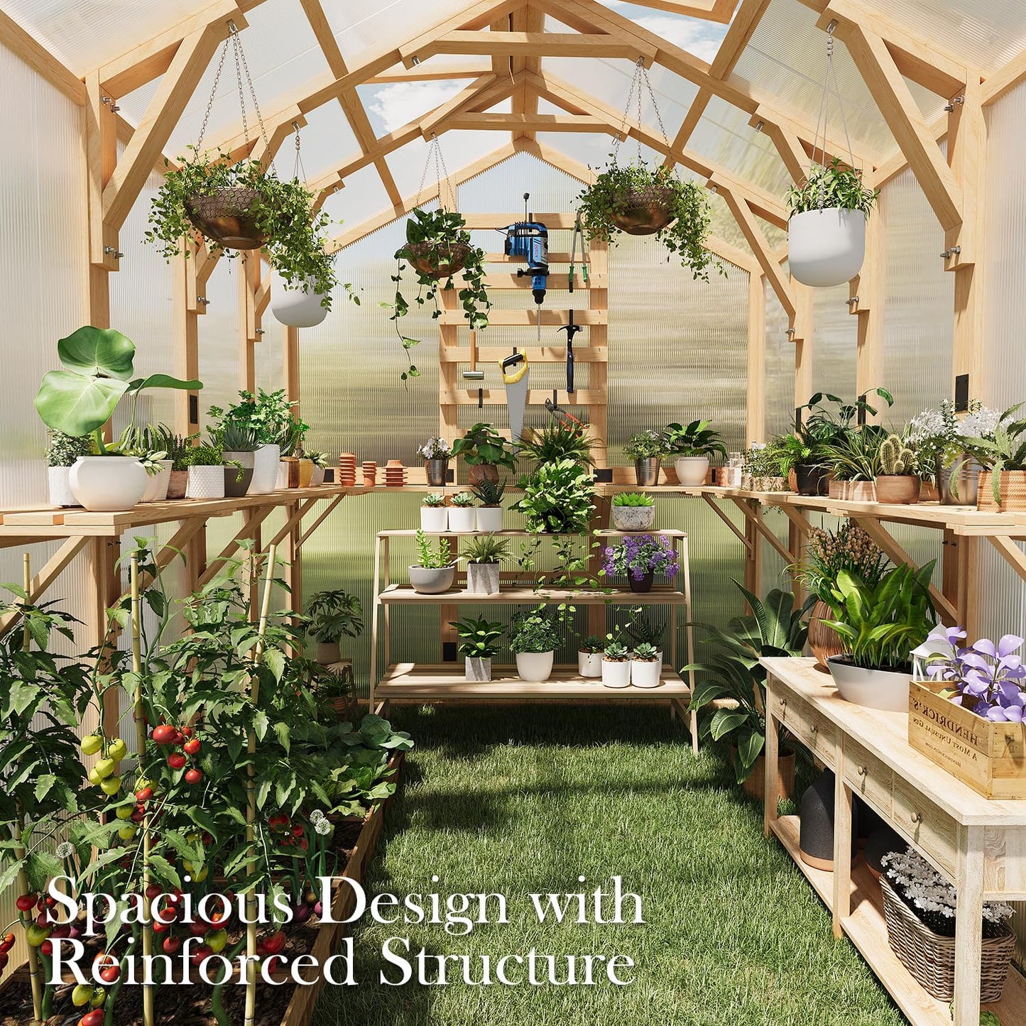 YODOLLA 6x7 FT Wooden Greenhouse, Walk-in Garden Greenhouse with Plant Stand