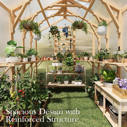 YODOLLA 6x7 FT Wooden Greenhouse, Walk-in Garden Greenhouse with Plant Stand