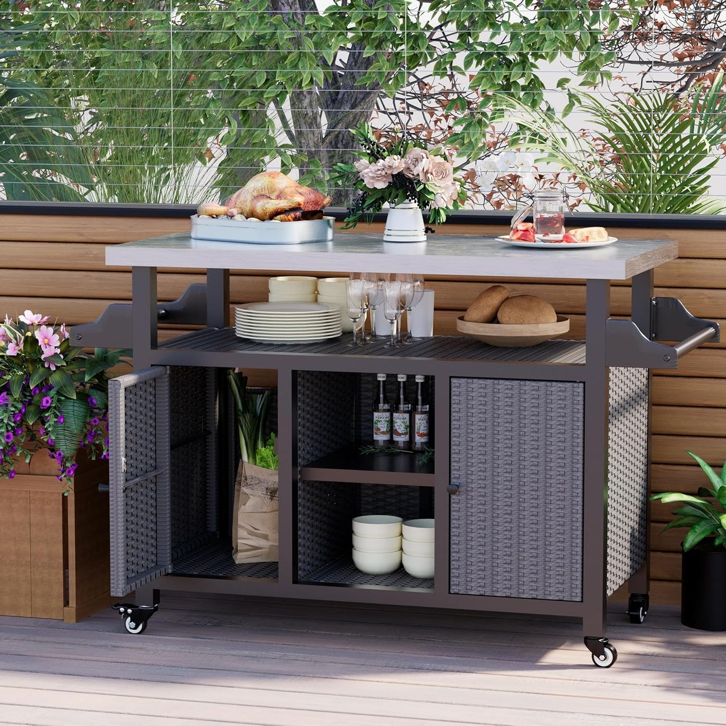 YODOLLA Rattan Outdoor Bar Cart with Wheels and Storage, Gray