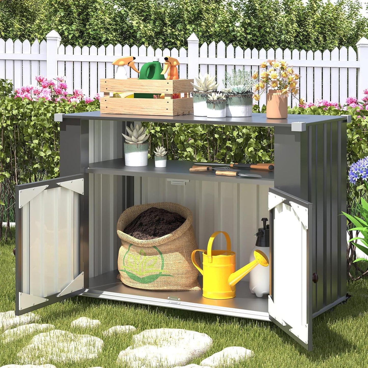 YODOLLA Outdoor Grill Table with Storage Cabinet Weatherproof, Dark Gray