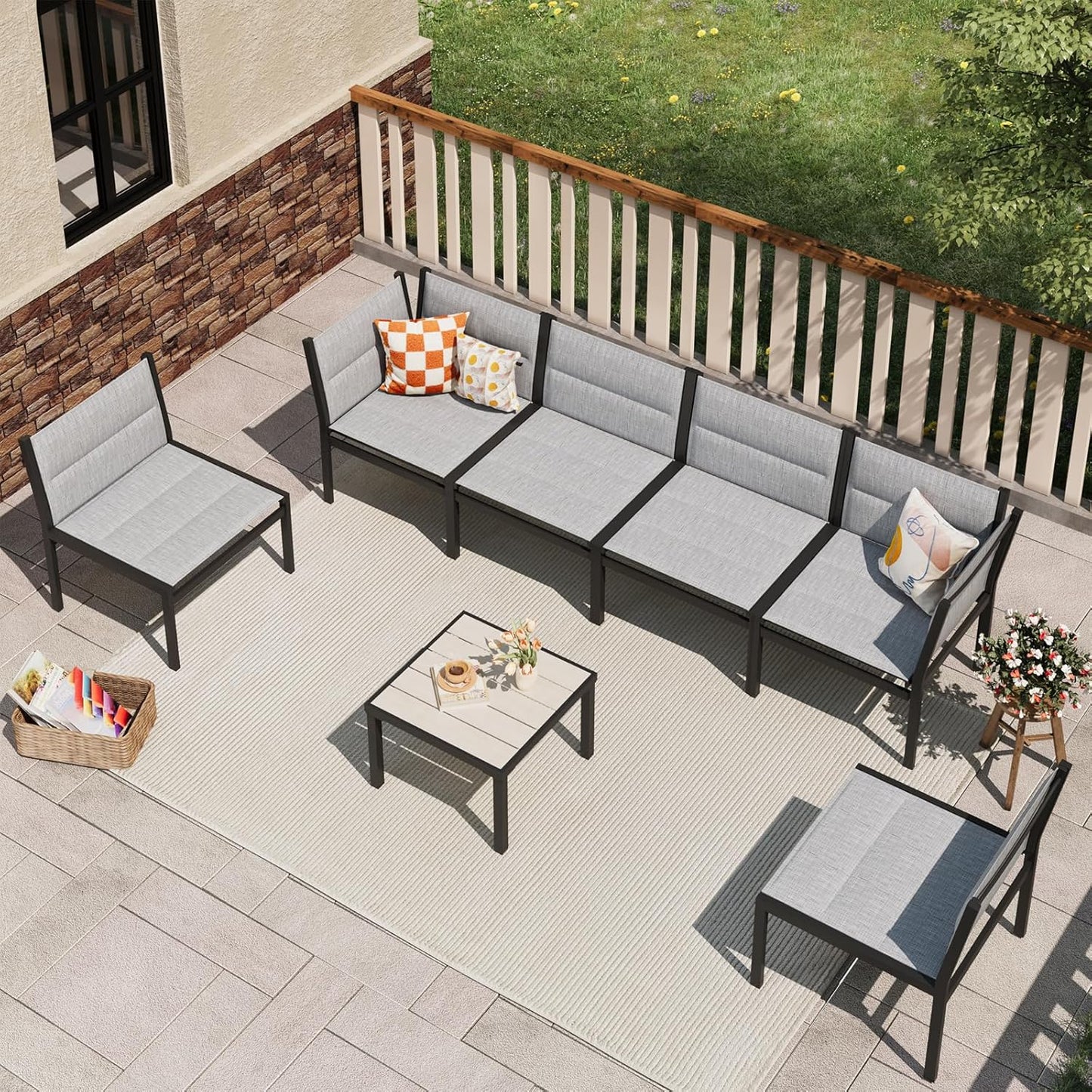 YODOLLA 7-Pc Sectional Patio Set Textilene Fabric, Dark Grey