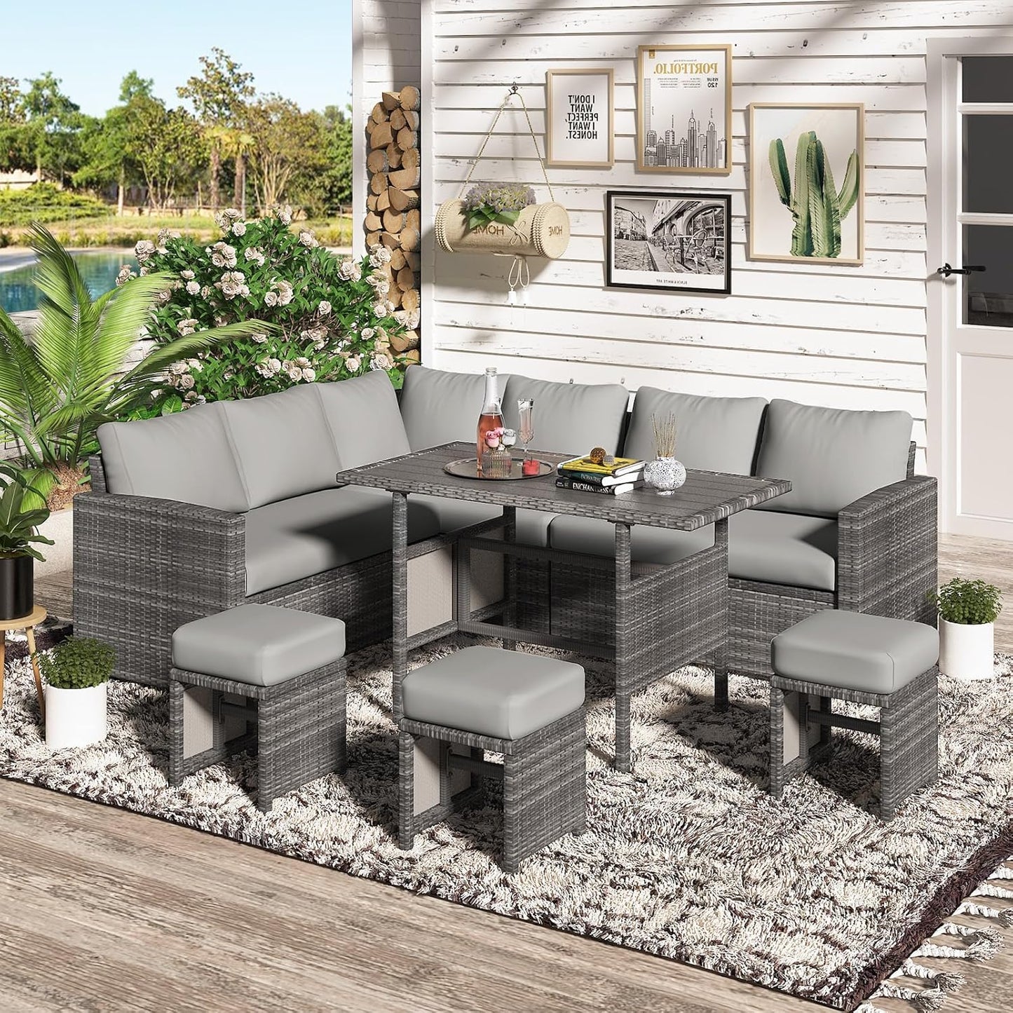 YODOLLA 7 Pieces Outdoor Wicker Rattan Furniture Set, Gray