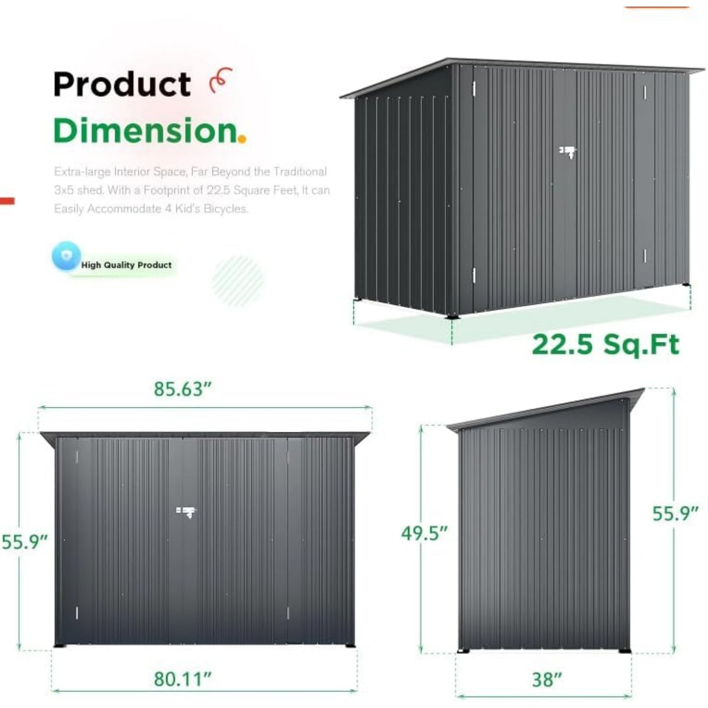 YODOLLA 7x3 Outdoor Bike Storage Shed, Lean to Sheds, Dark Gray