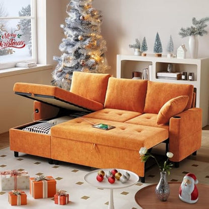 YODOLLA L-Shaped Sleeper Sofa, Pullout Bed, USB & Storage, Orange