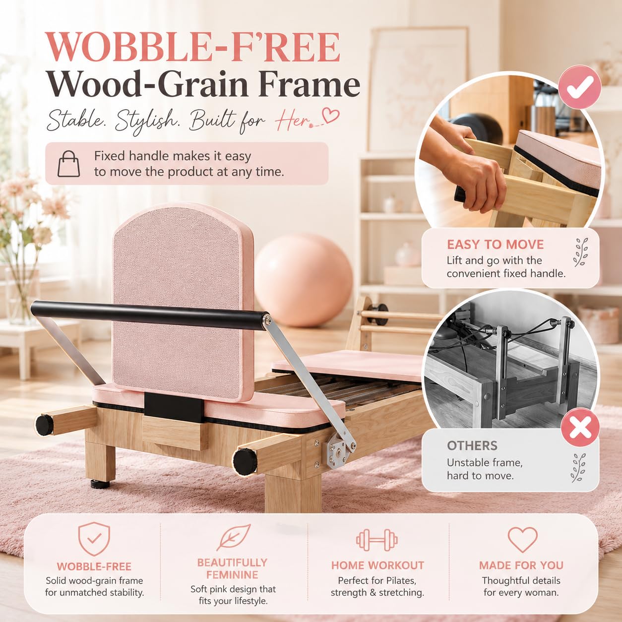 YODOLLA 92" Pilates Reformer Foldable Wooden-Look Pilates Machines for Gym