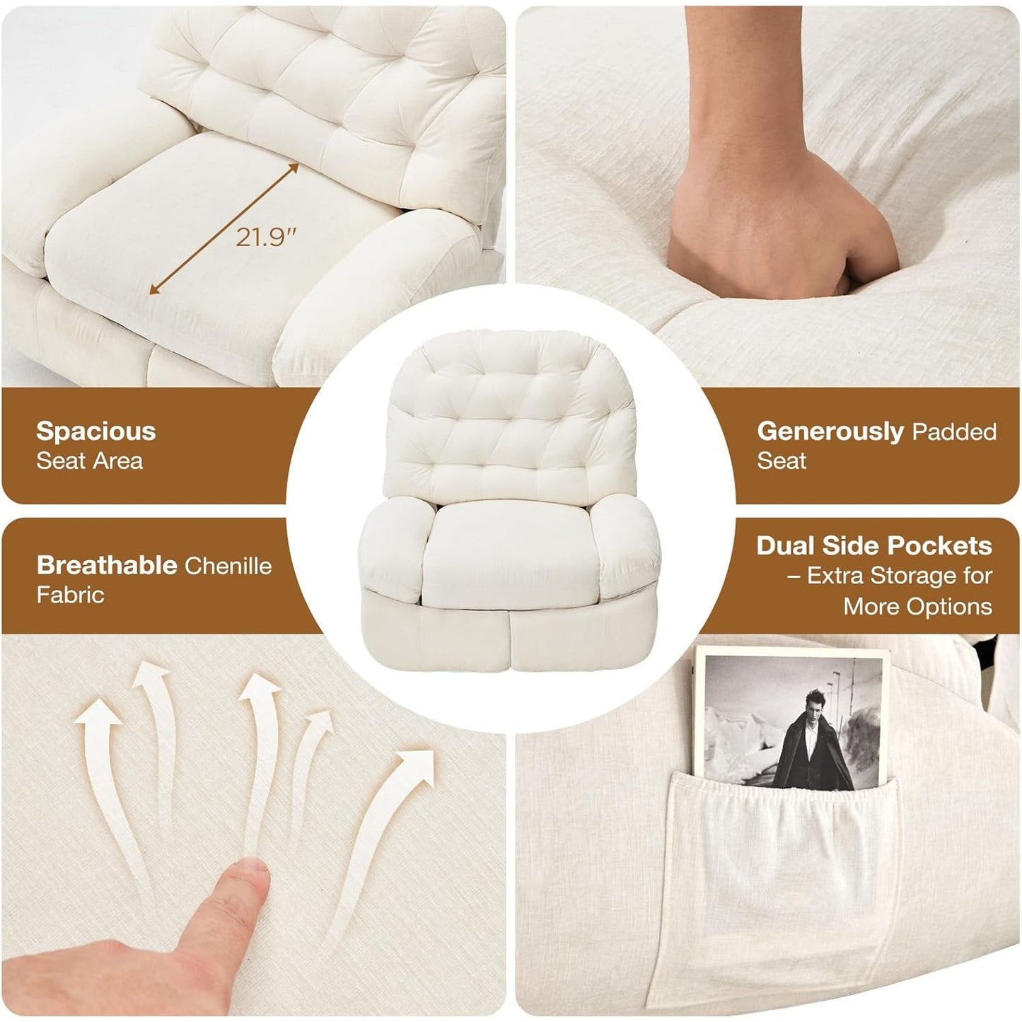 YODOLLA Oversized Recliner Chair, 360° Swivel Rocking Glider, Chenille Rocker, Cream White