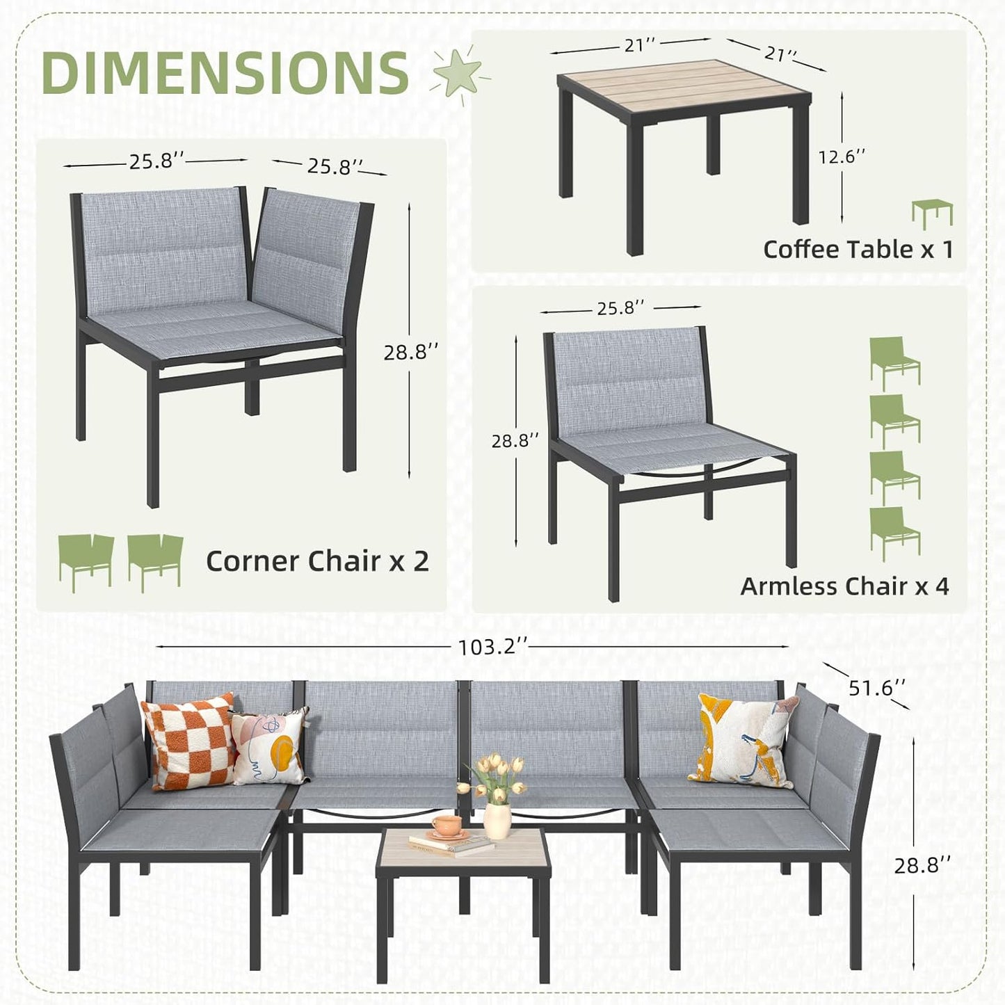 YODOLLA 7-Pc Sectional Patio Set Textilene Fabric, Dark Grey
