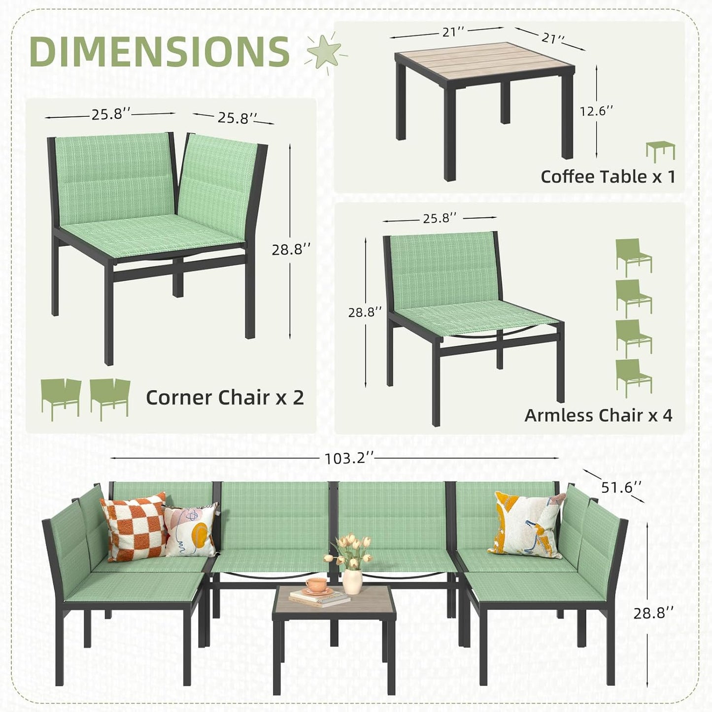 YODOLLA 7-Pc Sectional Patio Set Textilene Fabric, Green