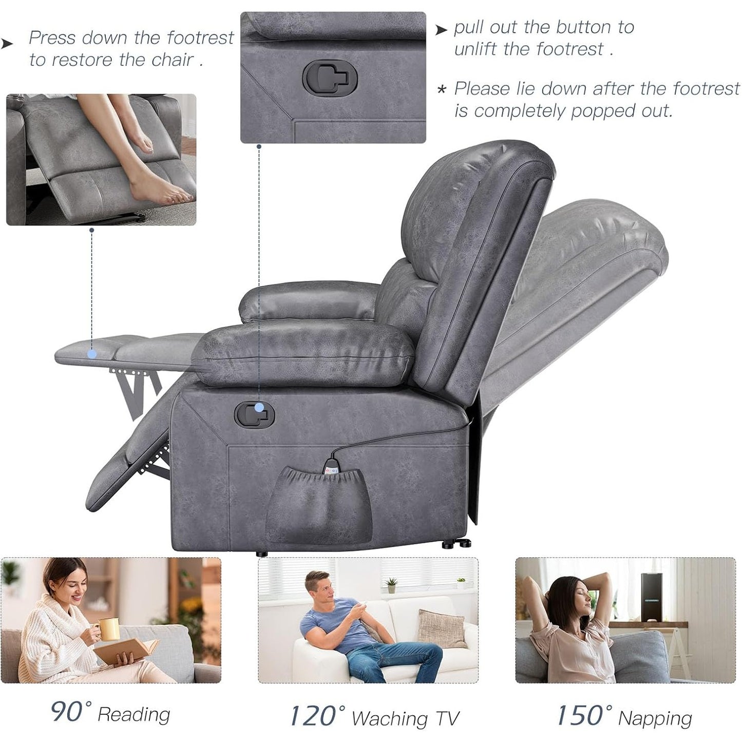 YODOLLA 2 Seat Loveseat Recliner with Heat&Massage Function, Faux Leather, Grey