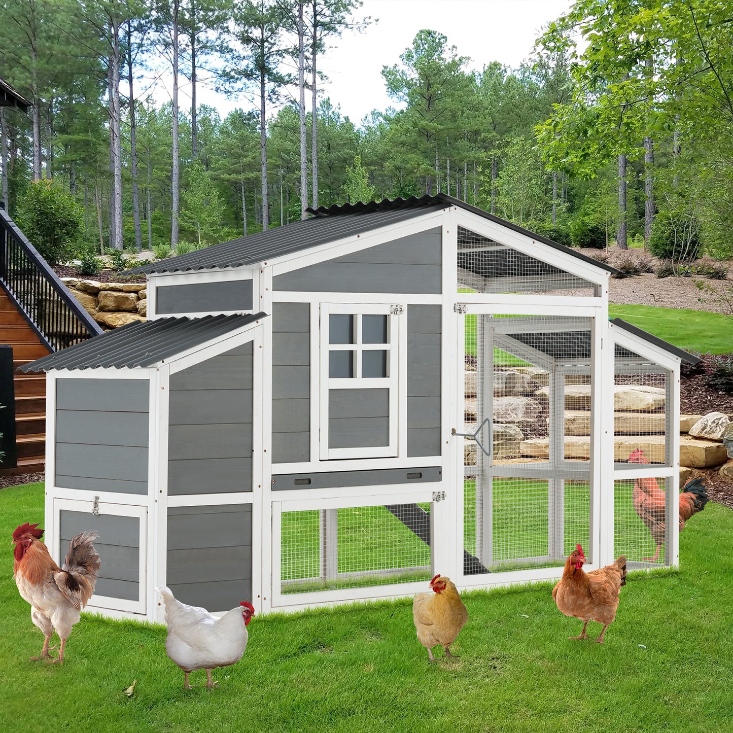 YODOLLA grey and white luxury chicken coop.