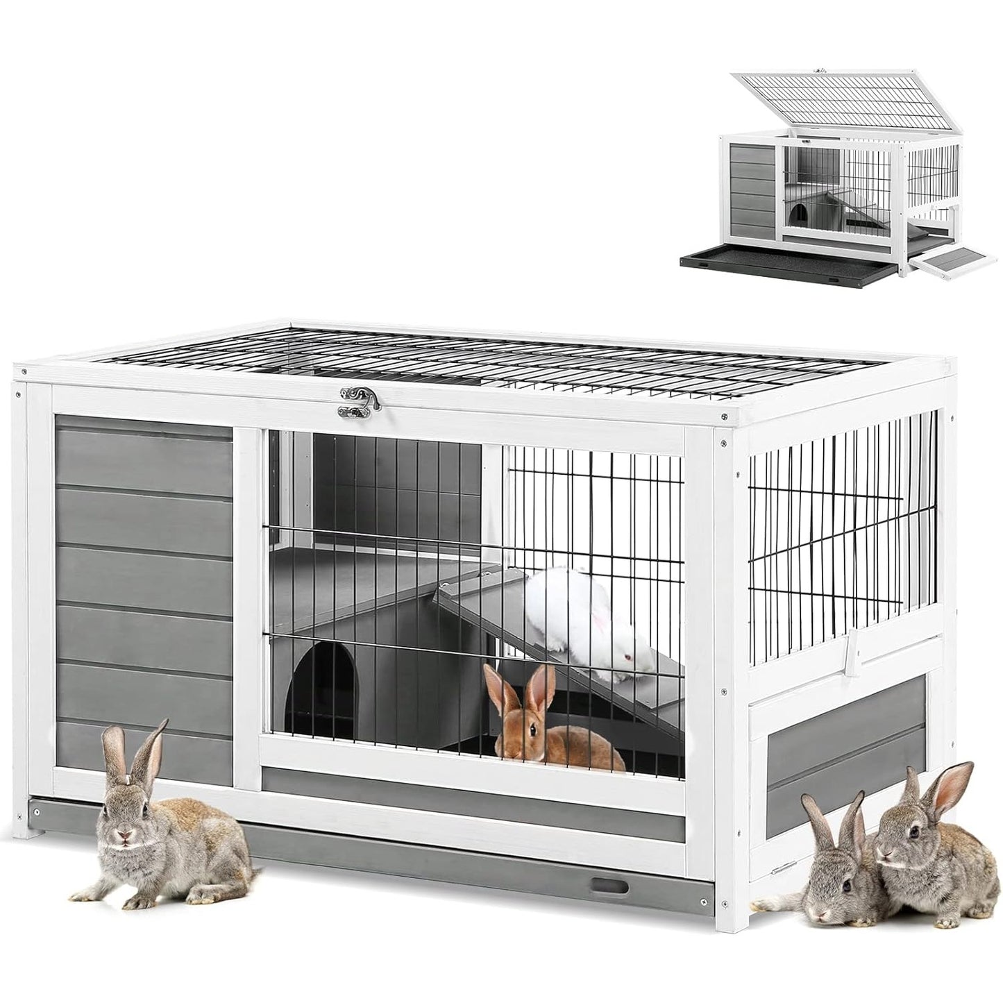 YODOLLA 35.4'' Rabbit Cage Pet House for Small Animals, Gray