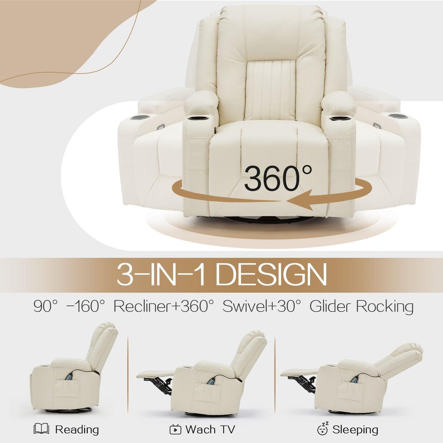 YODOLLA Recliner Chair with Heat&Massage, PU Leather Cream White