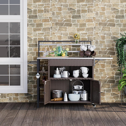 YODOLLA Outdoor Bar Cart with Rattan Storage Cabinet, Brown