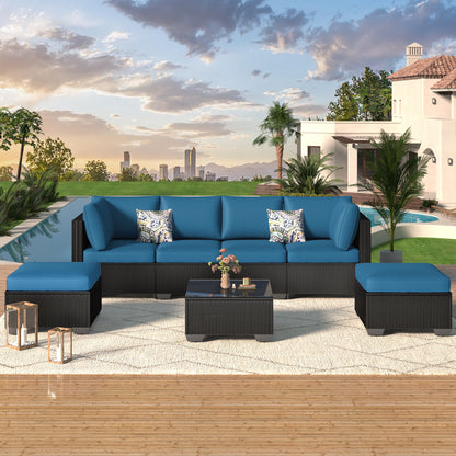YODOLLA 7 Piece Outdoor Patio Furniture Set, Black & Peacok Blue
