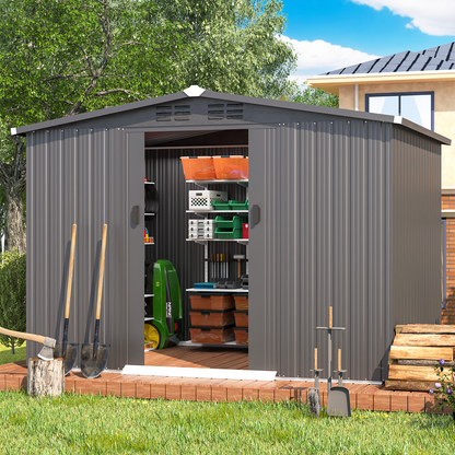YODOLLA 8x6 Woodgrain Outdoor Storage Shed, Dark Grey