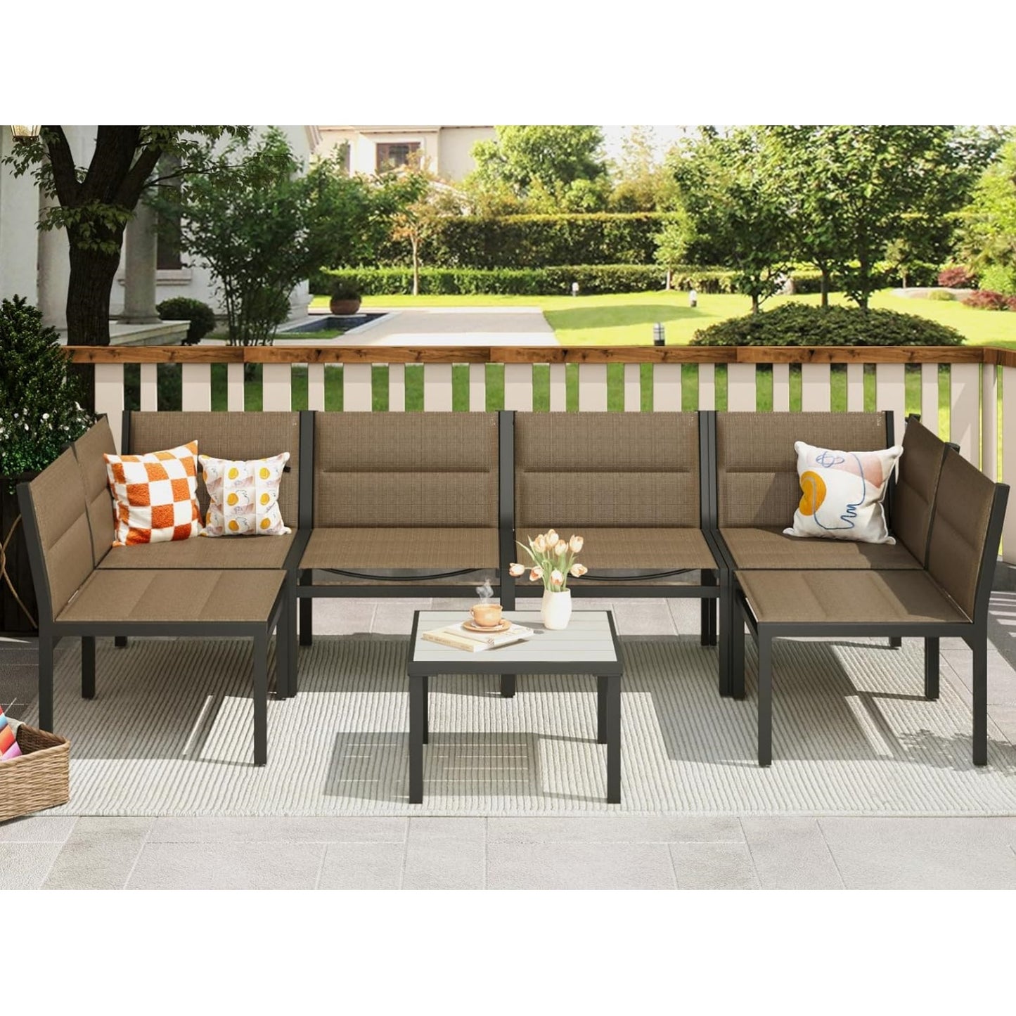 YODOLLA 7-Pc Sectional Patio Set Textilene Fabric, Brown