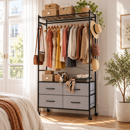 YODOLLA Rolling Clothes Rack with 4 Fabric Drawers, Portable Closet Organizer for Hanging Clothes