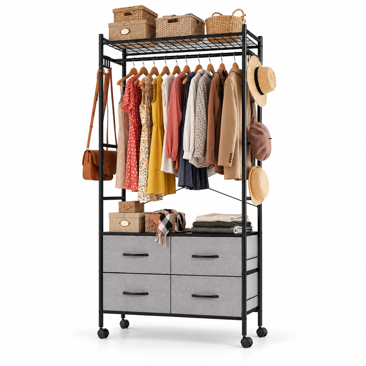 YODOLLA Rolling Clothes Rack with 4 Fabric Drawers, Portable Closet Organizer for Hanging Clothes