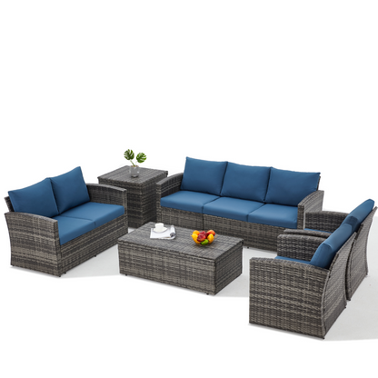 YODOLLA 7 Pieces Patio Furniture with Two Storage Boxes, Grey & Dark Blue
