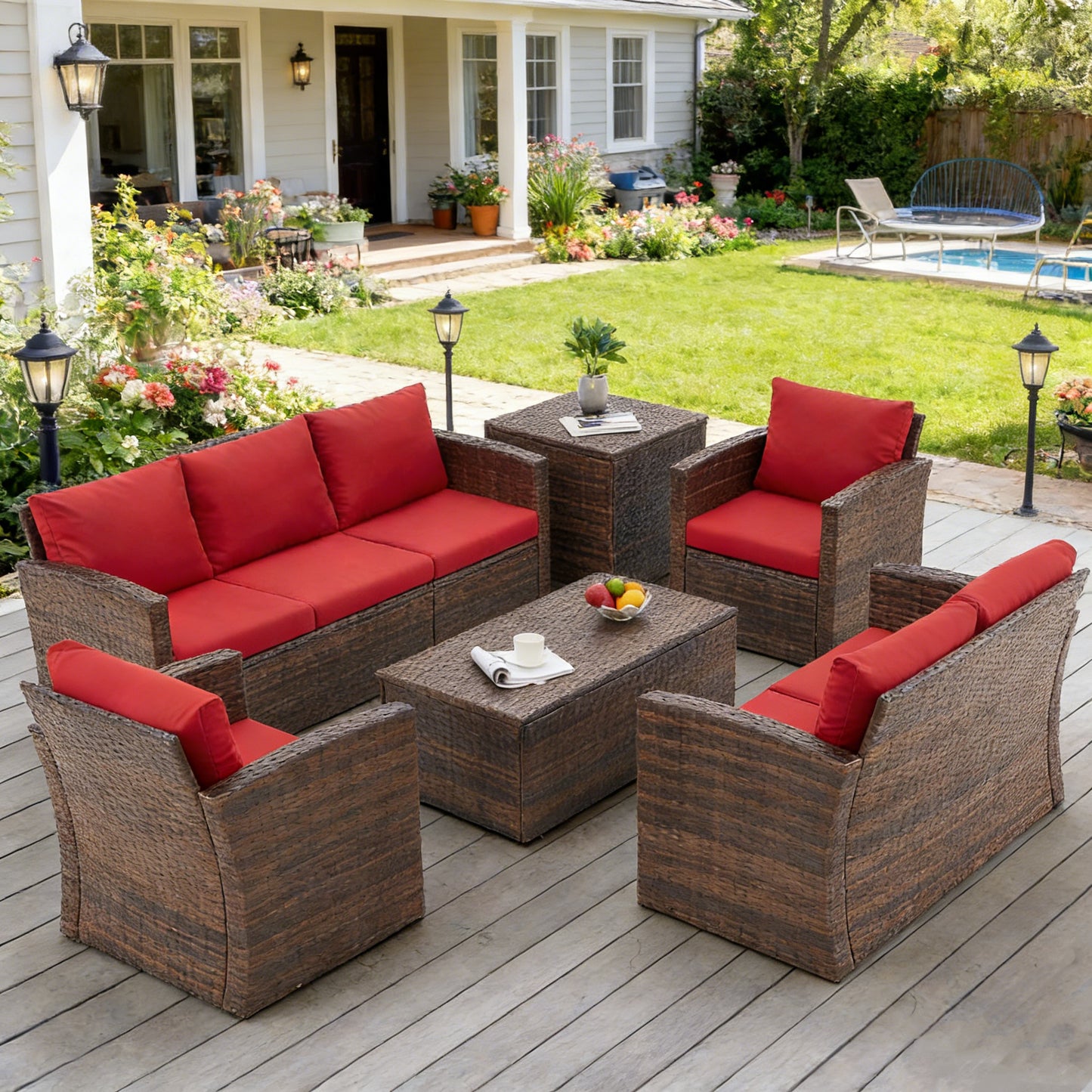 YODOLLA 7 Pieces Patio Furniture with Two Storage Boxes, Brown & Red
