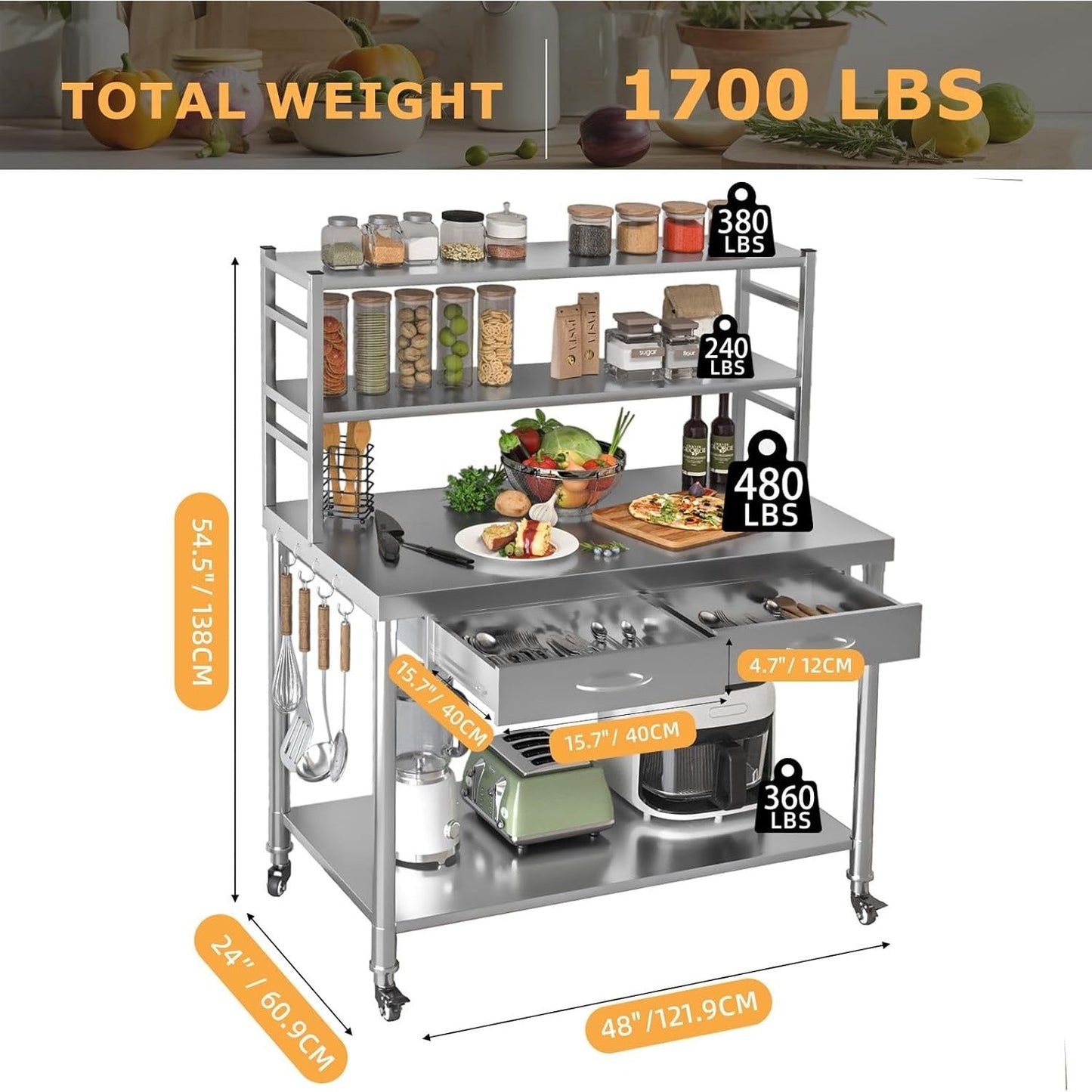 YODOLLA Stainless Steel Table with Shelves and Drawer 48"x24" Prep Table for Commercial Kitchen