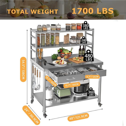 YODOLLA Stainless Steel Table with Shelves and Drawer 48"x24" Prep Table for Commercial Kitchen
