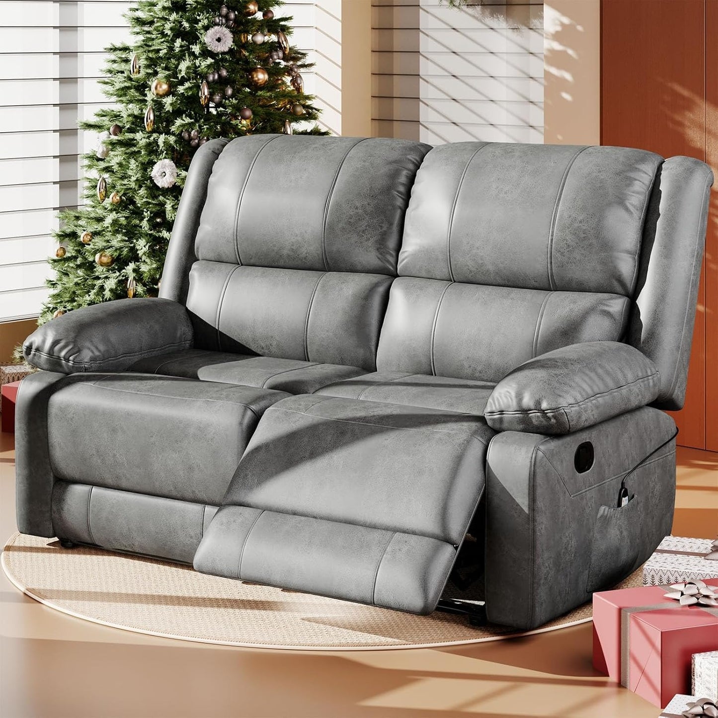 YODOLLA 2 Seat Loveseat Recliner with Heat&Massage Function, Faux Leather, Grey