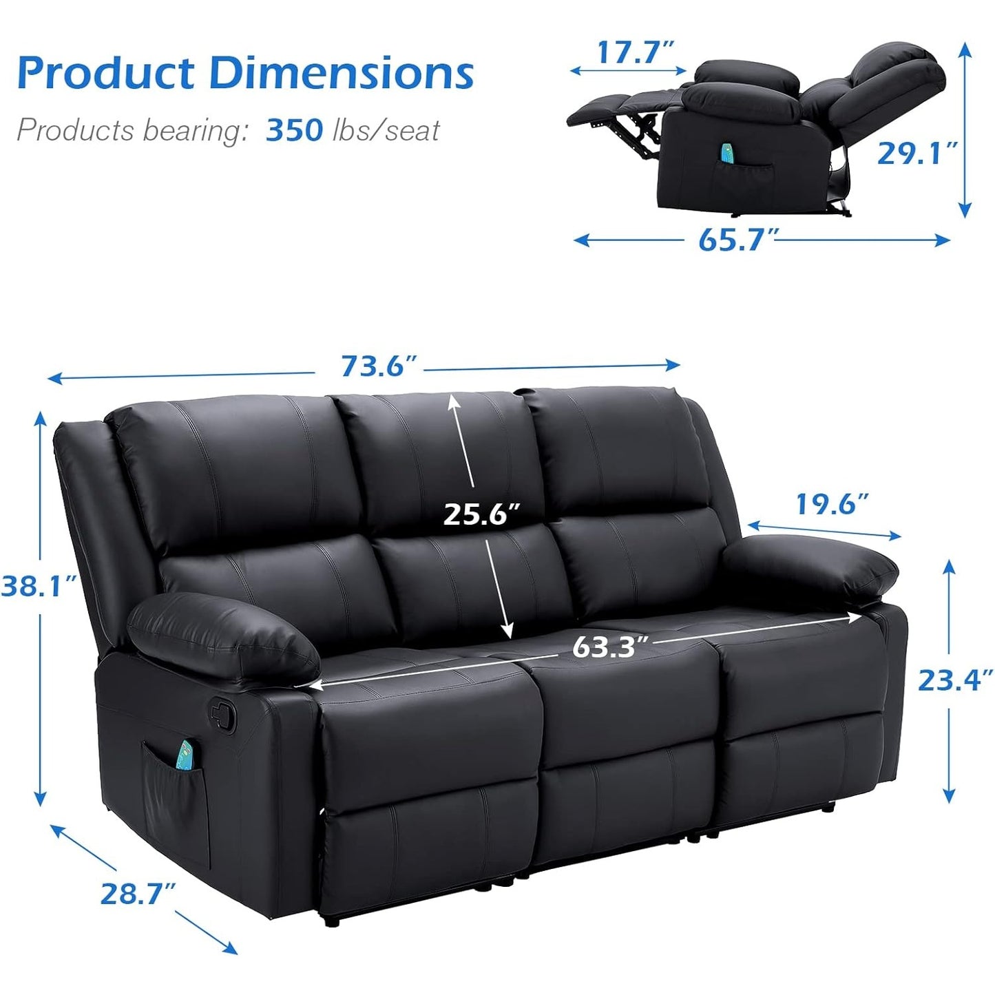 YODOLLA Reclining Sofa 3-Seater Couch, Black