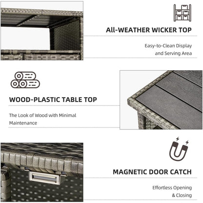 YODOLLA Outdoor Bar Cart with Storage Cabinet, Rattan Bar Table on Wheels