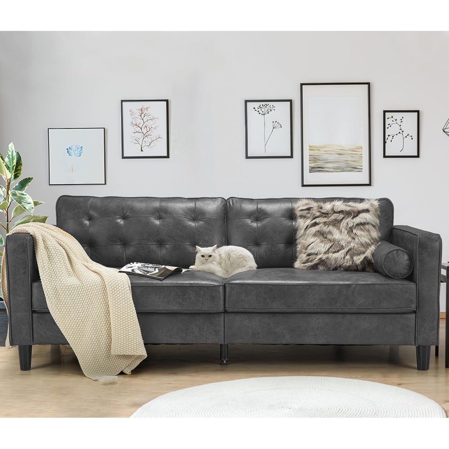 YODOLLA 84.2" 3-Seats Large Sofa Couch Couch, Faux Leather Gray