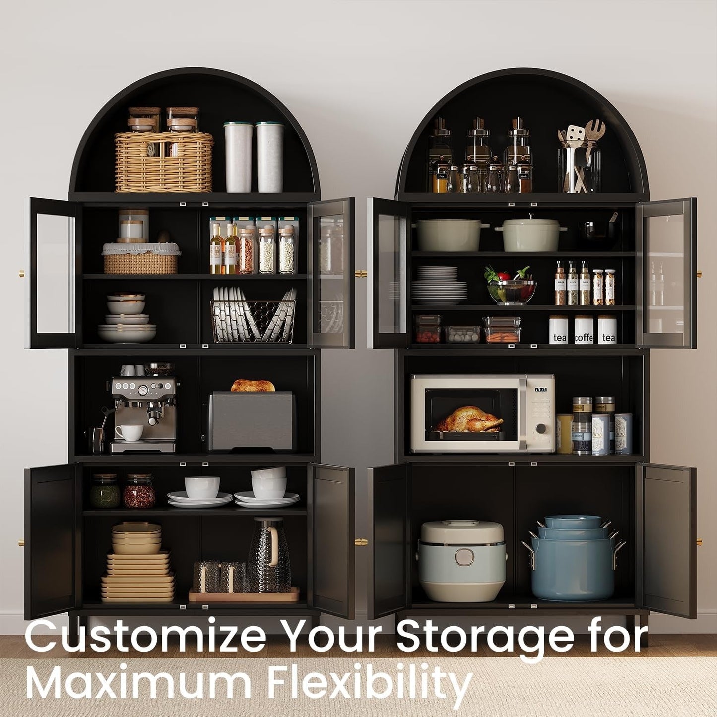 YODOLLA 73" Kitchen Pantry, Metal Arched Cabinet with Glass Door & Adjustable Shelves