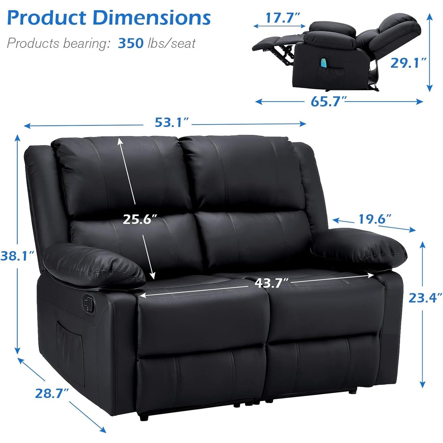 YODOLLA 2 Seat Loveseat Recliner with Heat&Massage Function, Faux Leather, Black