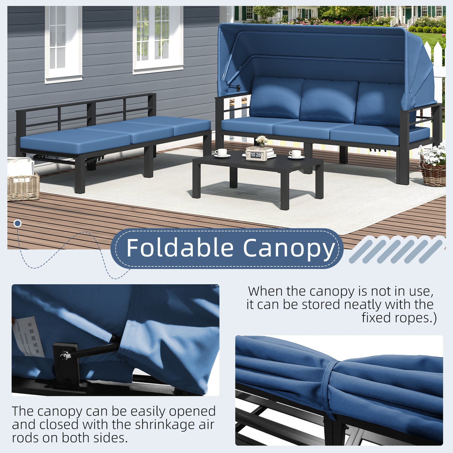 YODOLLA Patio Furniture Set with Retractable Canopy, Dark Blue