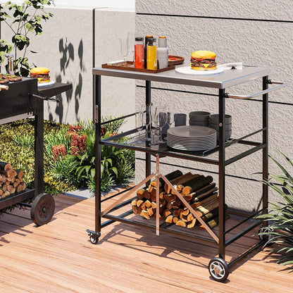 YODOLLA Foldable Stainless Steel Grill Cart Table with Wheels, Silver