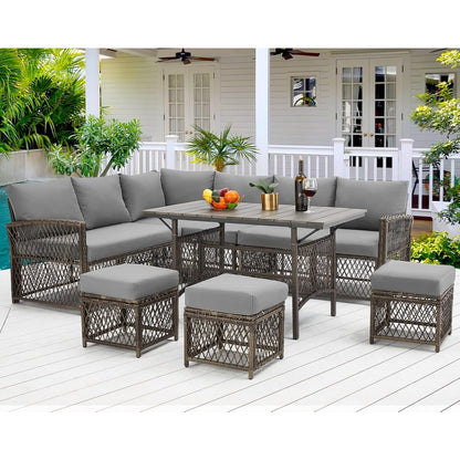 YODOLLA 7 Pieces Wicker Conversation Set with Ottoman Patio Furniture Set, Grey