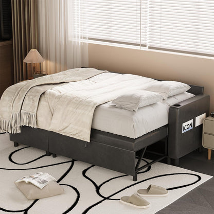 YODOLLA Faux Leather L-Shaped Sleeper Sofa, Pullout Bed, USB & Storage, Black