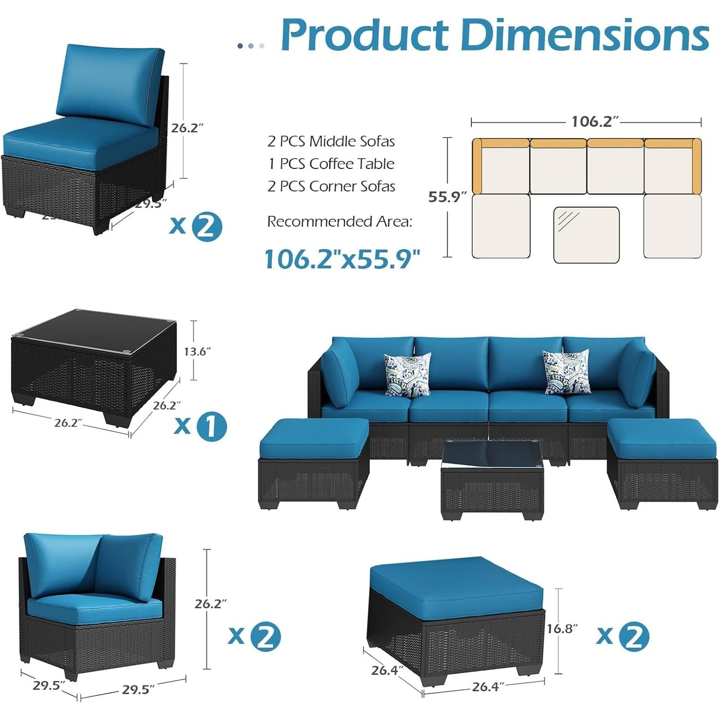 YODOLLA 7 Piece Outdoor Patio Furniture Set, Black & Blue