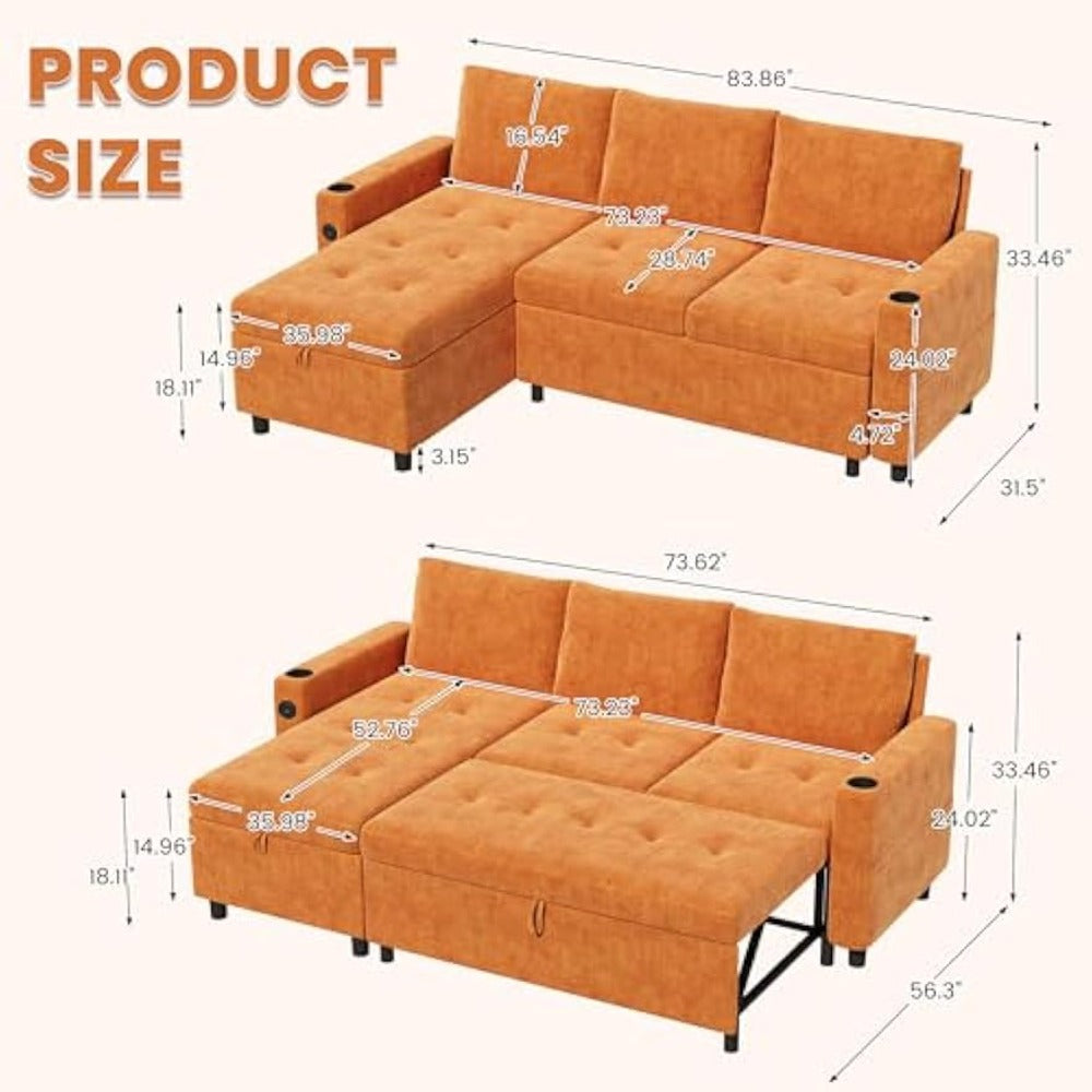 YODOLLA L-Shaped Sleeper Sofa, Pullout Bed, USB & Storage, Orange