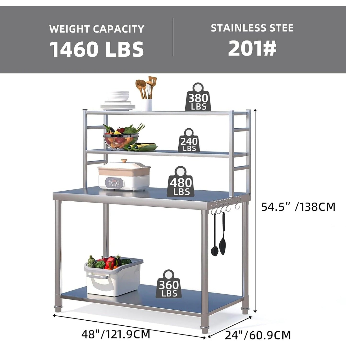 YODOLLA Stainless Steel Table with Overshelves