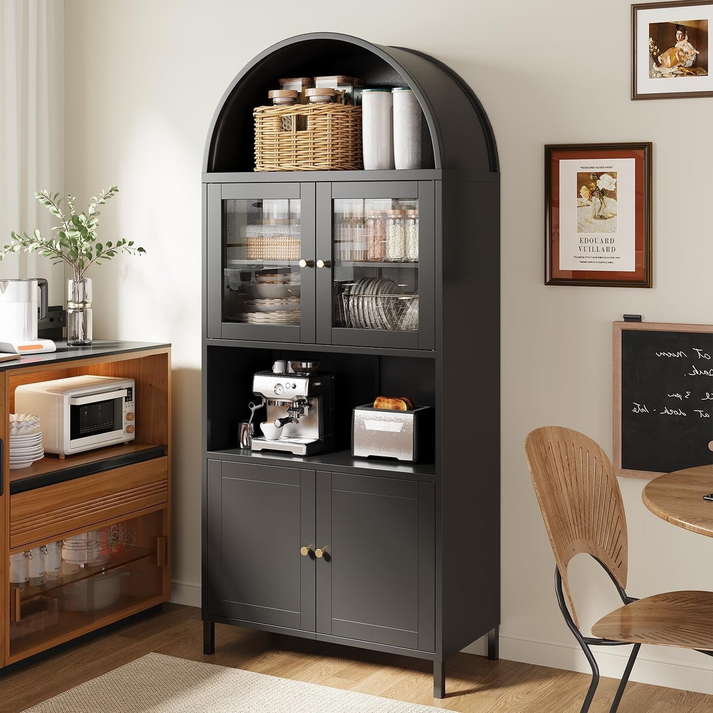 YODOLLA 73" Kitchen Pantry, Metal Arched Cabinet with Glass Door & Adjustable Shelves