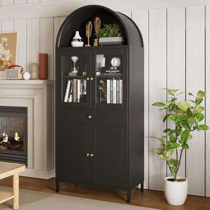 YODOLLA 73'' Kitchen Pantry, Metal Arched Storage Cabinet with Glass Doors/Adjustable Shelfs/Drawer