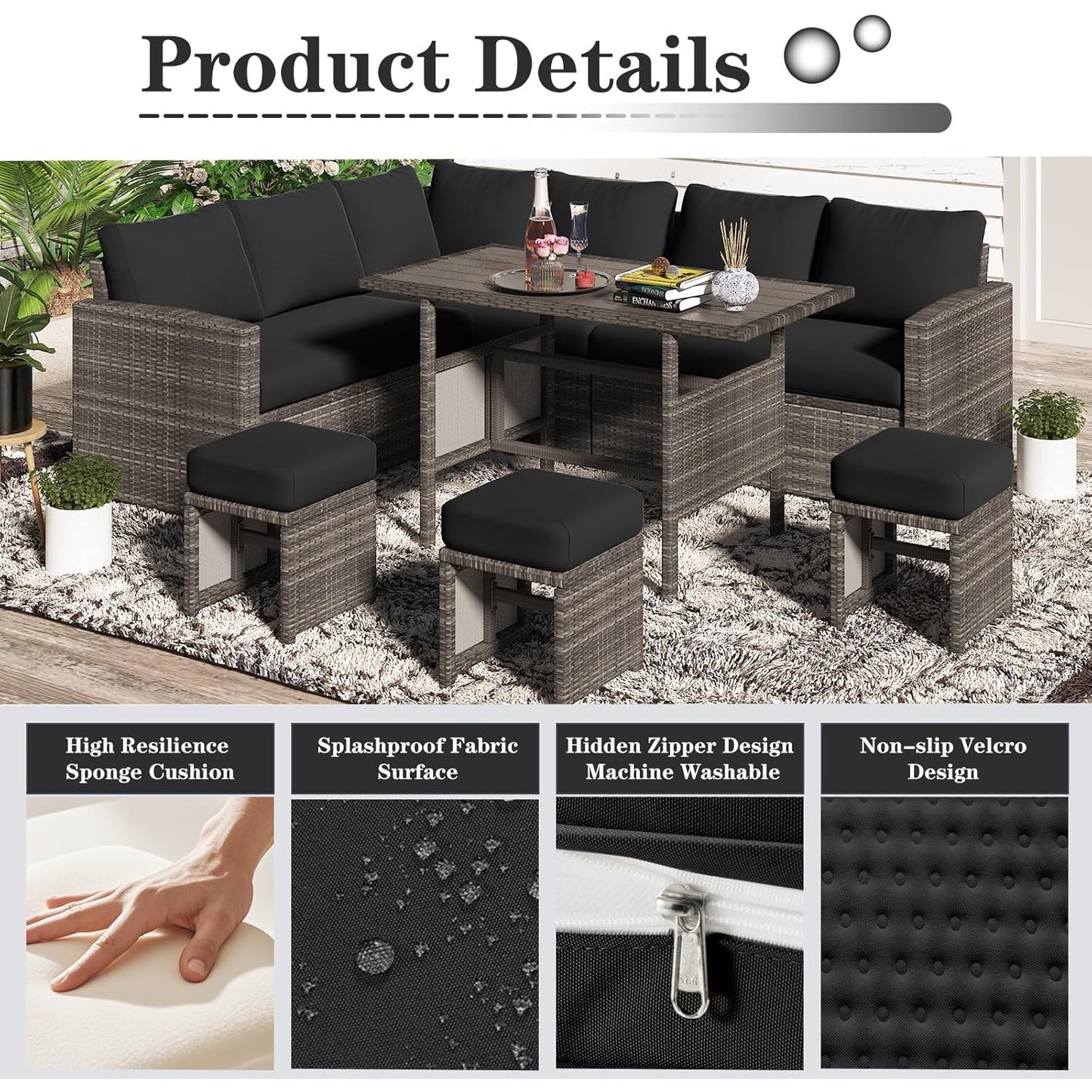 YODOLLA Memory Foam Cushions and Covers, Black