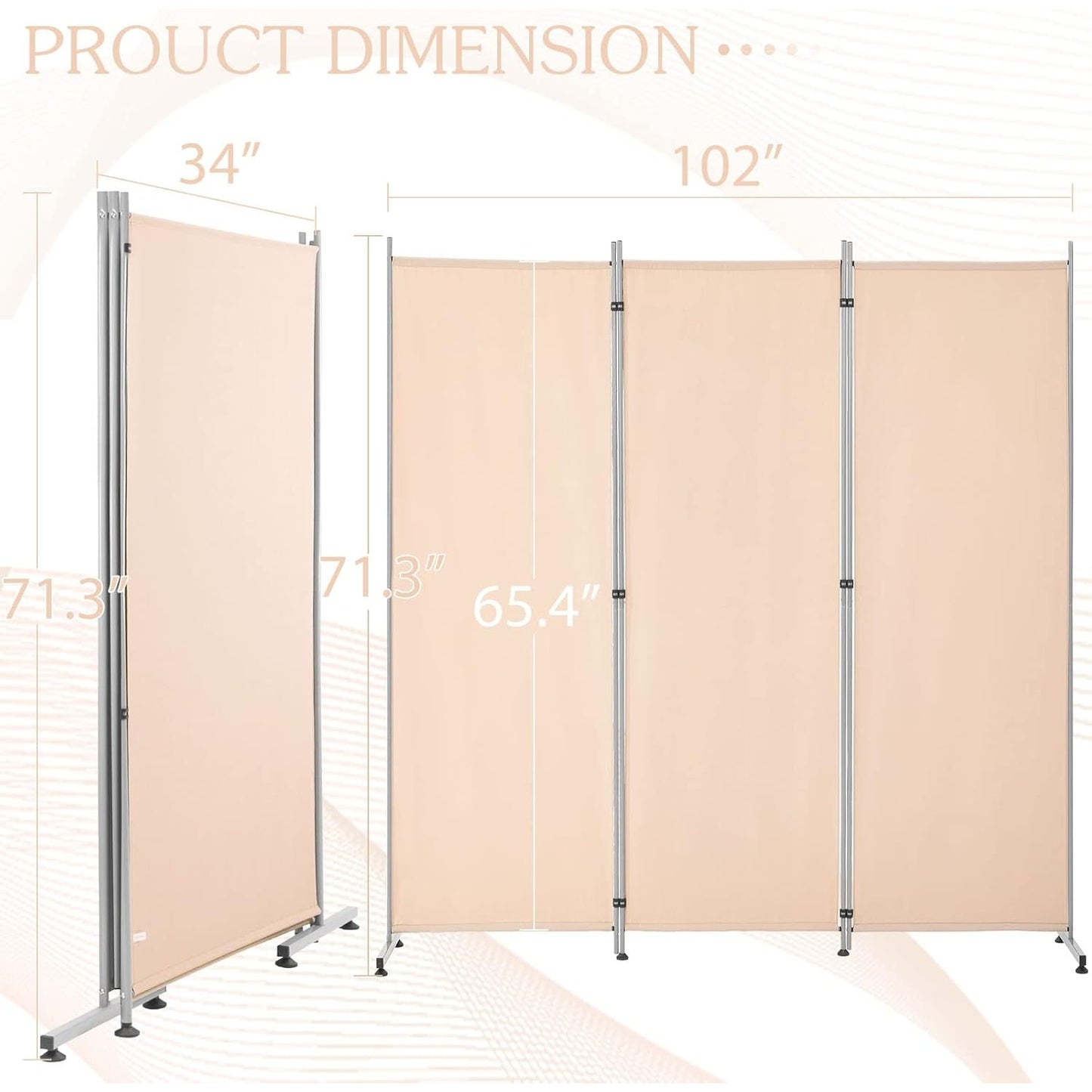YODOLLA 4 FT Wall Divider and Folding Privacy Screens, Beige