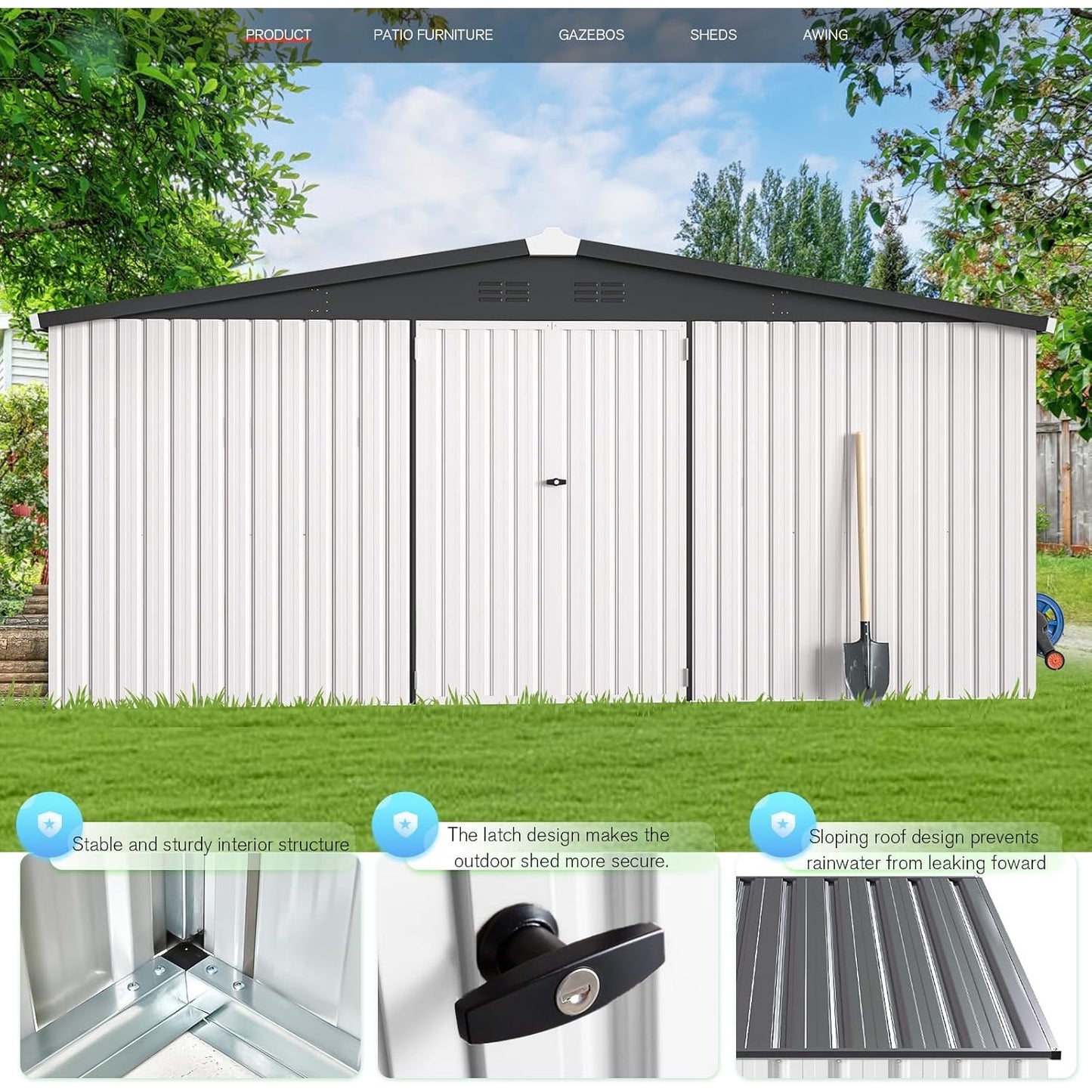 YODOLLA 14x12 Metal Storage Shed Outdoor Shed, White