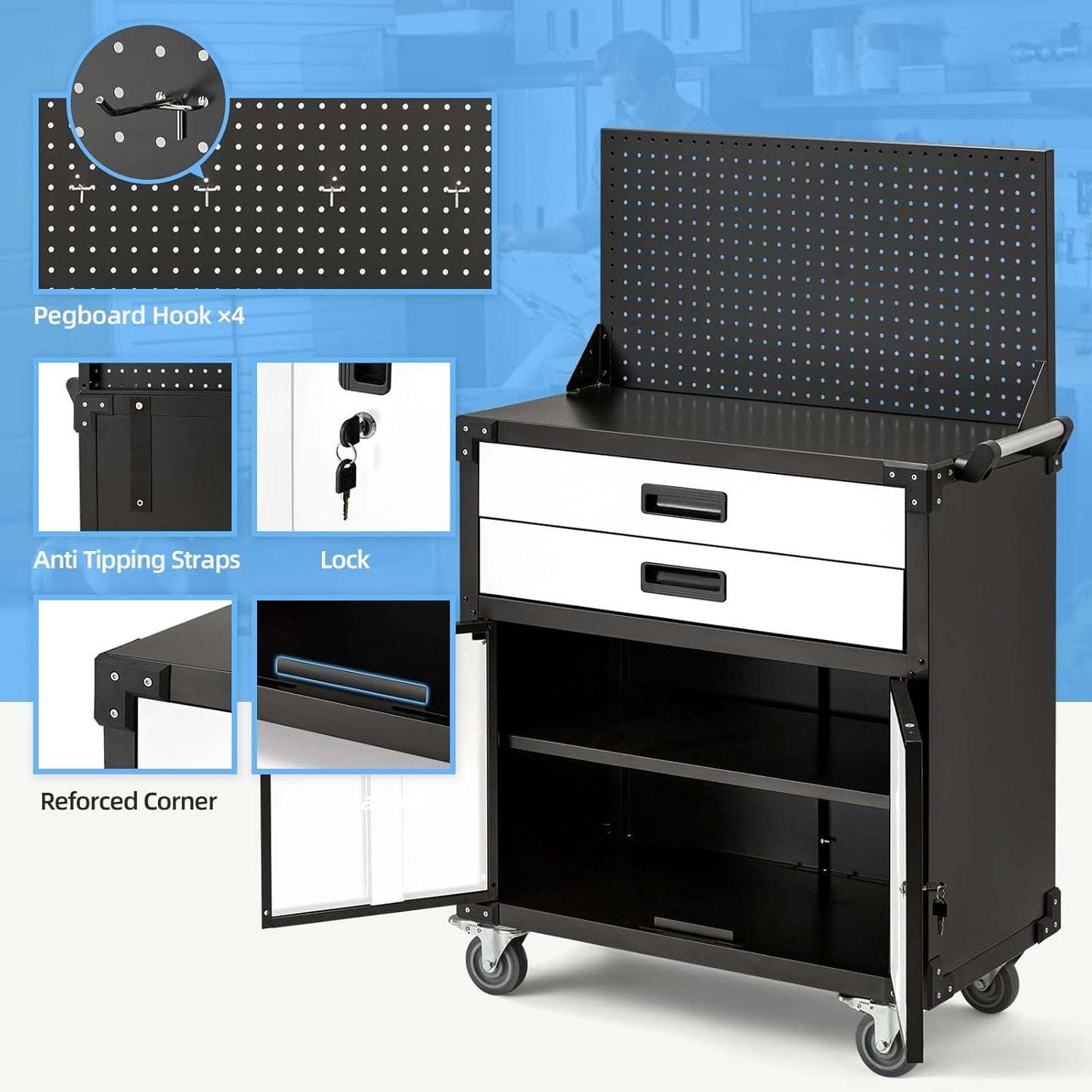 YODOLLA Rolling Tool Chest with Wheels 2 Drawers, White Door