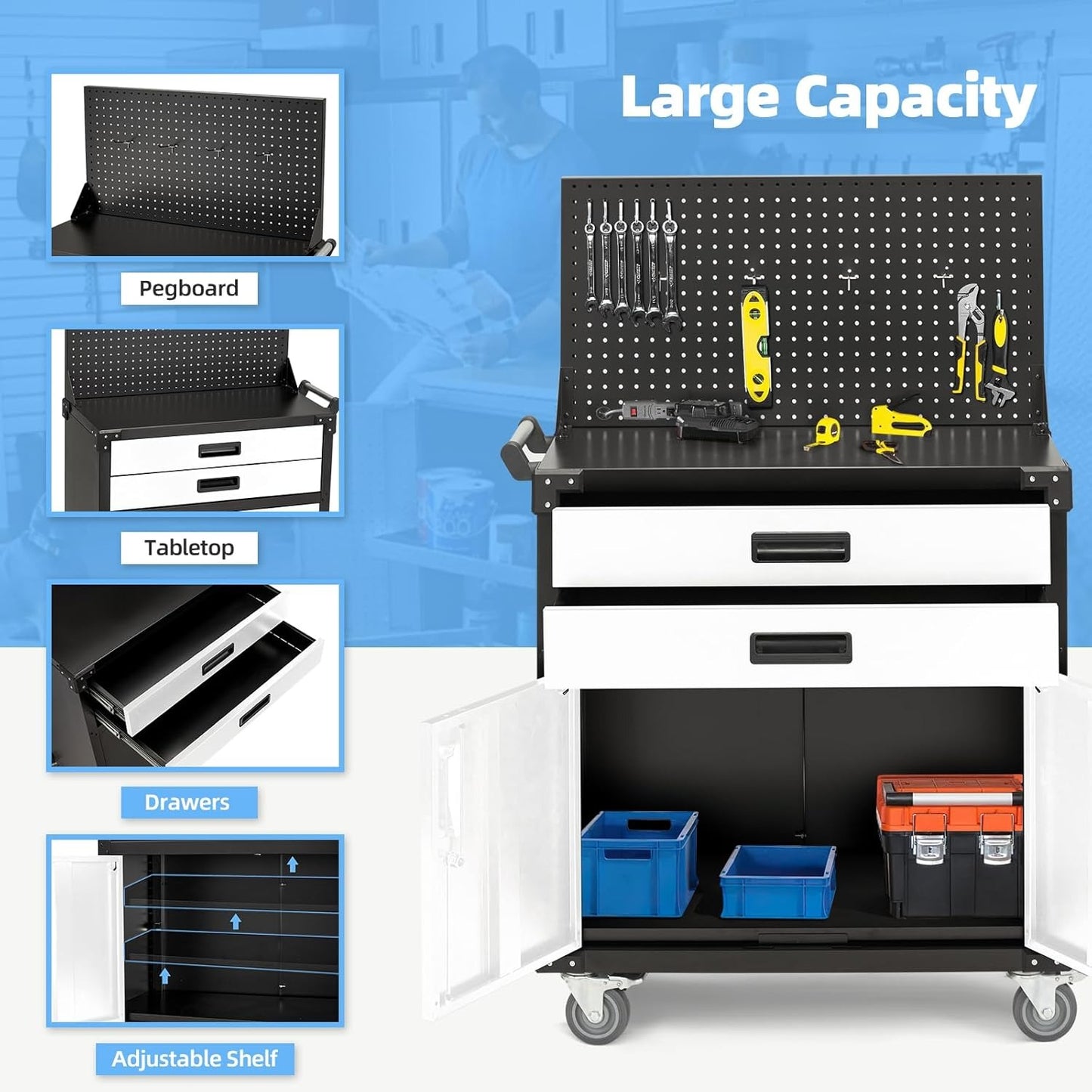 YODOLLA Rolling Tool Chest with Wheels 2 Drawers, White Door