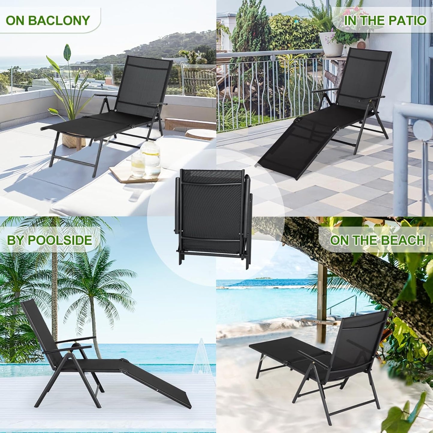 YODOLLA 7 Back & 2 Leg Adjustable Outdoor Chaise Lounge Chair Set of 2, Black
