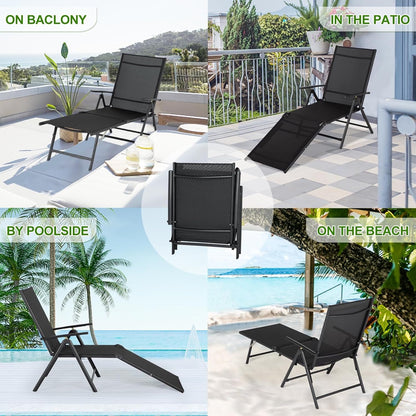 YODOLLA 7 Back & 2 Leg Adjustable Outdoor Chaise Lounge Chair Set of 2, Black
