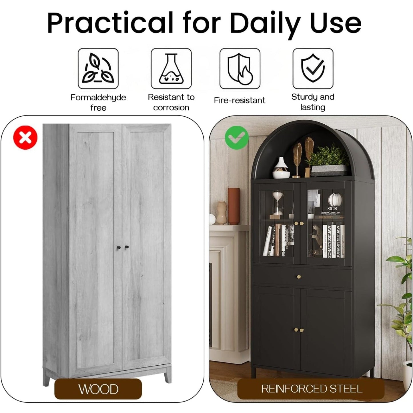 YODOLLA 73'' Kitchen Pantry, Metal Arched Storage Cabinet with Glass Doors/Adjustable Shelfs/Drawer