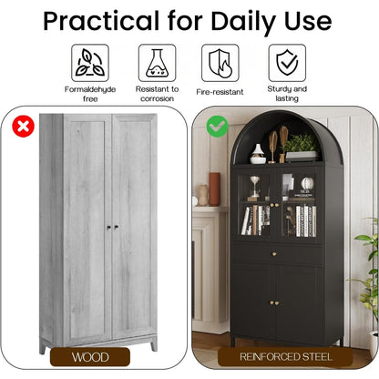 YODOLLA 73'' Kitchen Pantry, Metal Arched Storage Cabinet with Glass Doors/Adjustable Shelfs/Drawer